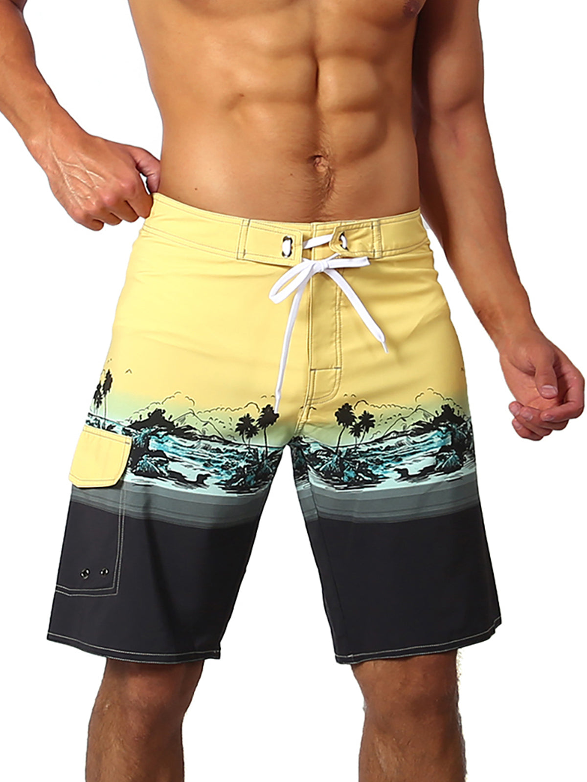 Men's Green Casual Sailboat Flat Waist Hawaiian Shorts Summer Beach Boardshorts