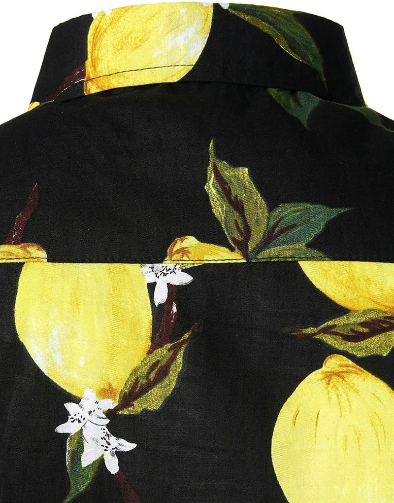 Men's Yellow Lemon Print Cotton Tropical Fruit Button Up Beach Hawaiian Short Sleeve Shirt