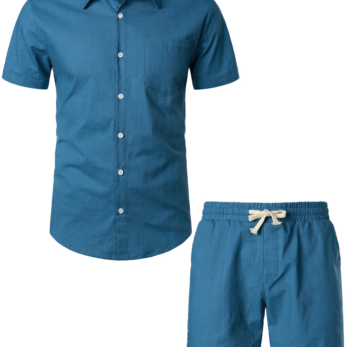 Men's Navy blue Solid Color Linen Cotton Outfit Pocket Short Sleeve Shirt and Shorts Set