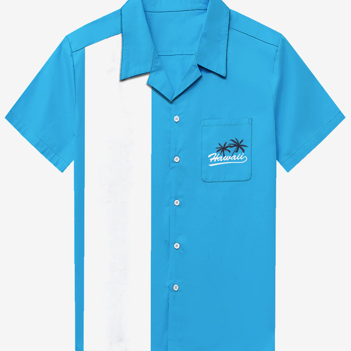 Men's 50's Vintage Camp Cotton Pocket Bowling Hawaii Coconut Tree Blue Short Sleeve Shirt