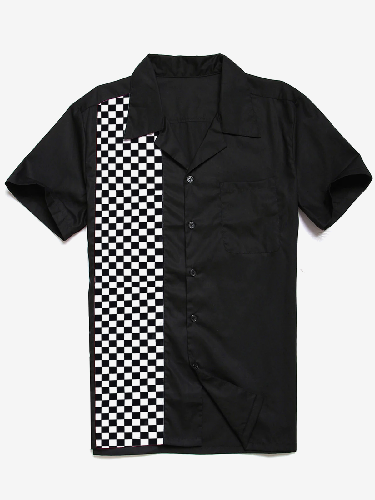 Men's Camp 50's Cotton Pocket Bowling Checkerboard Black and White Checkered Flag Short Sleeve Shirt