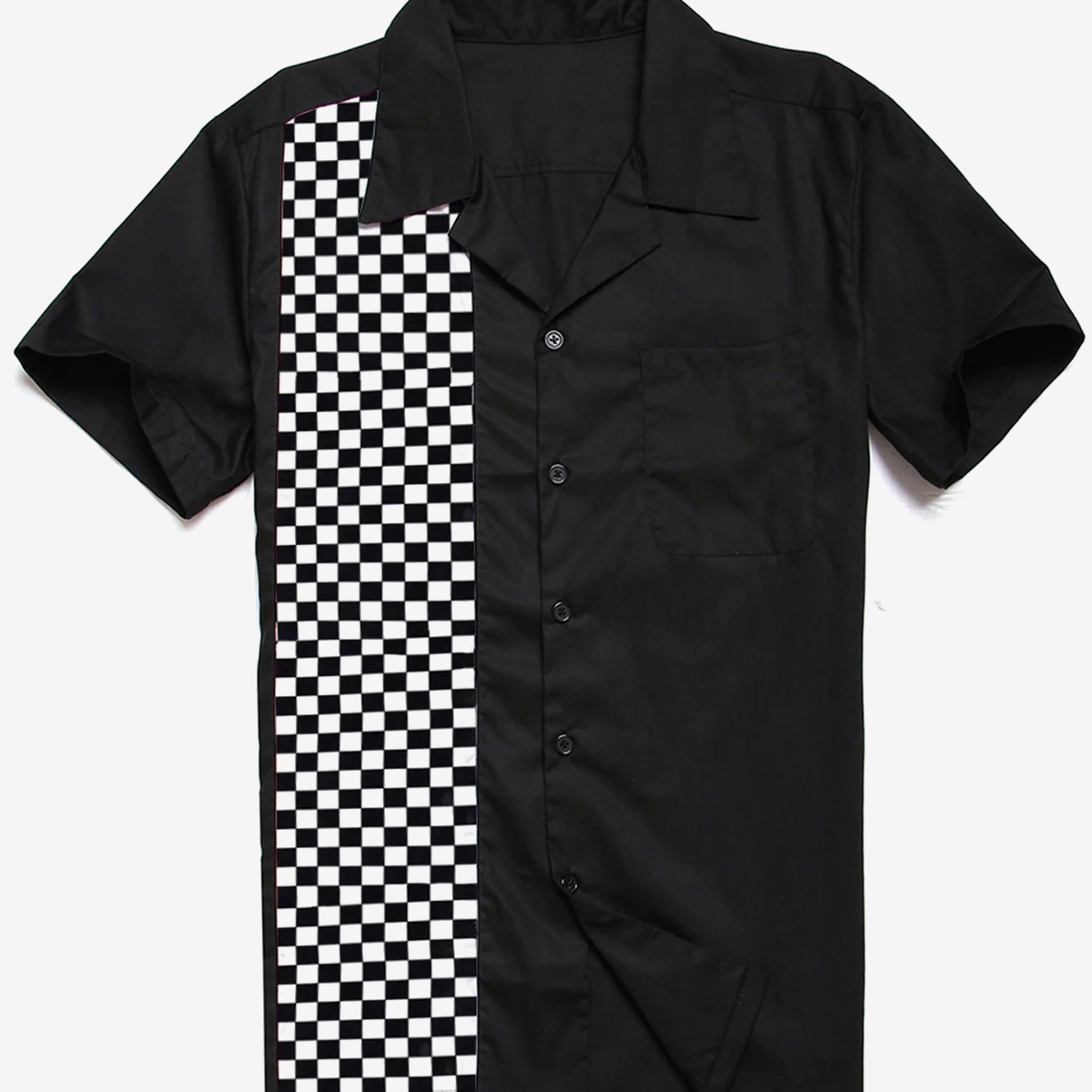 Men's Camp 50's Cotton Pocket Bowling Checkerboard Black and White Checkered Flag Short Sleeve Shirt