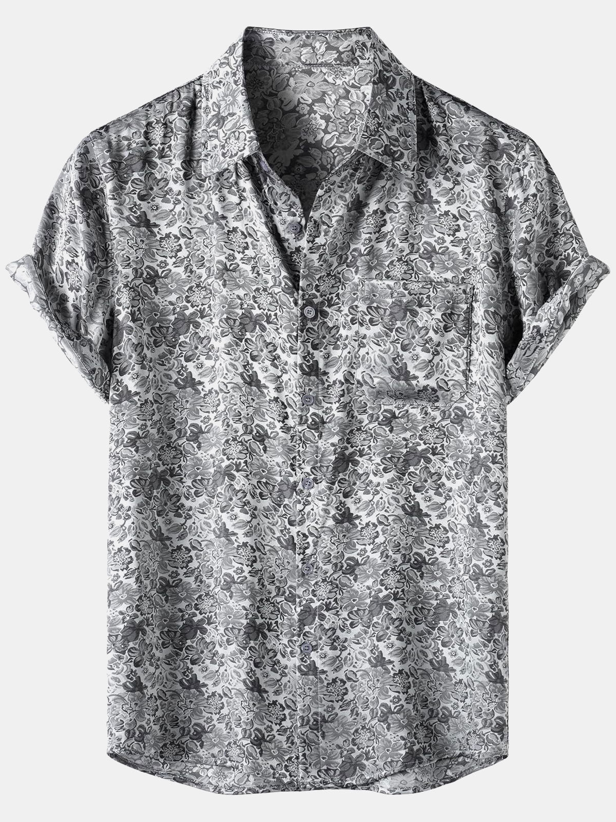 Men's Floral Print Jacquard Silk Satin Short Sleeve Shirt