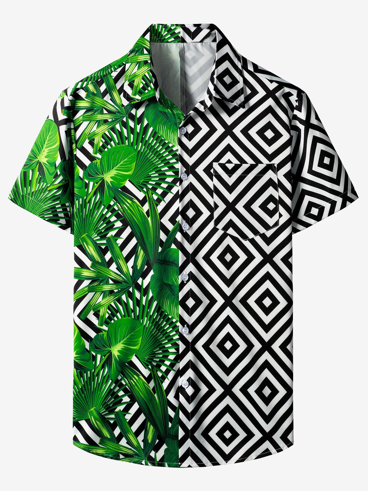 Men's Green Tropical Plant Leaf Geometric Print Vacation Short Sleeve Hawaiian Shirt