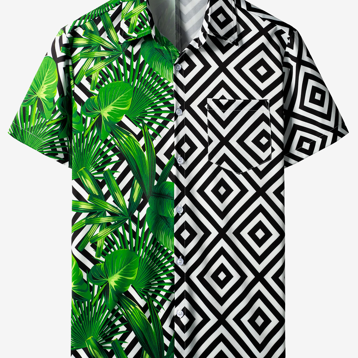 Men's Green Tropical Plant Leaf Geometric Print Vacation Short Sleeve Hawaiian Shirt