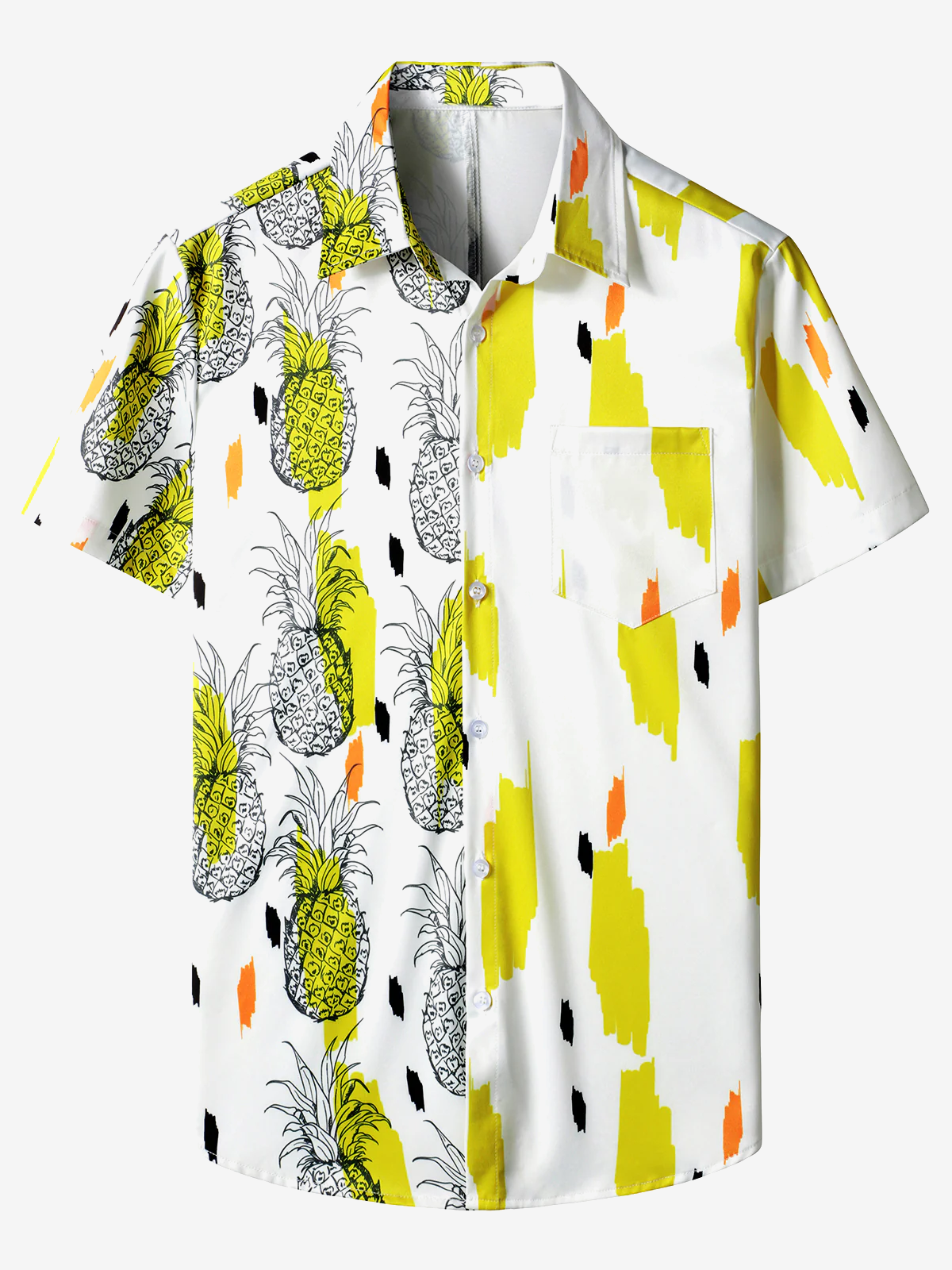 Men's Pineapple Tropical Fruit Print Pocket Hawaiian Button Up Summer Vacation Beach Aloha Short Sleeve Shirt