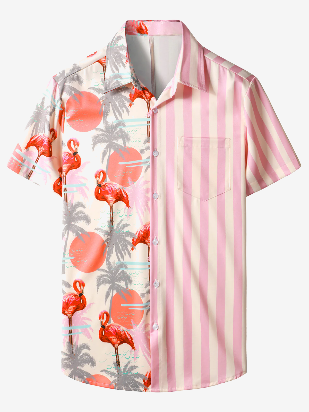 Men's Tropical Palm Tree Flamingo Print Striped Pink Animal Print Top Short Sleeve Shirt