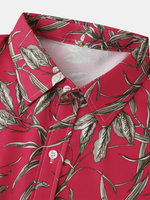 Men's Tropical Plant Print Red Hawaiian Summer Short Sleeve Beach Shirt