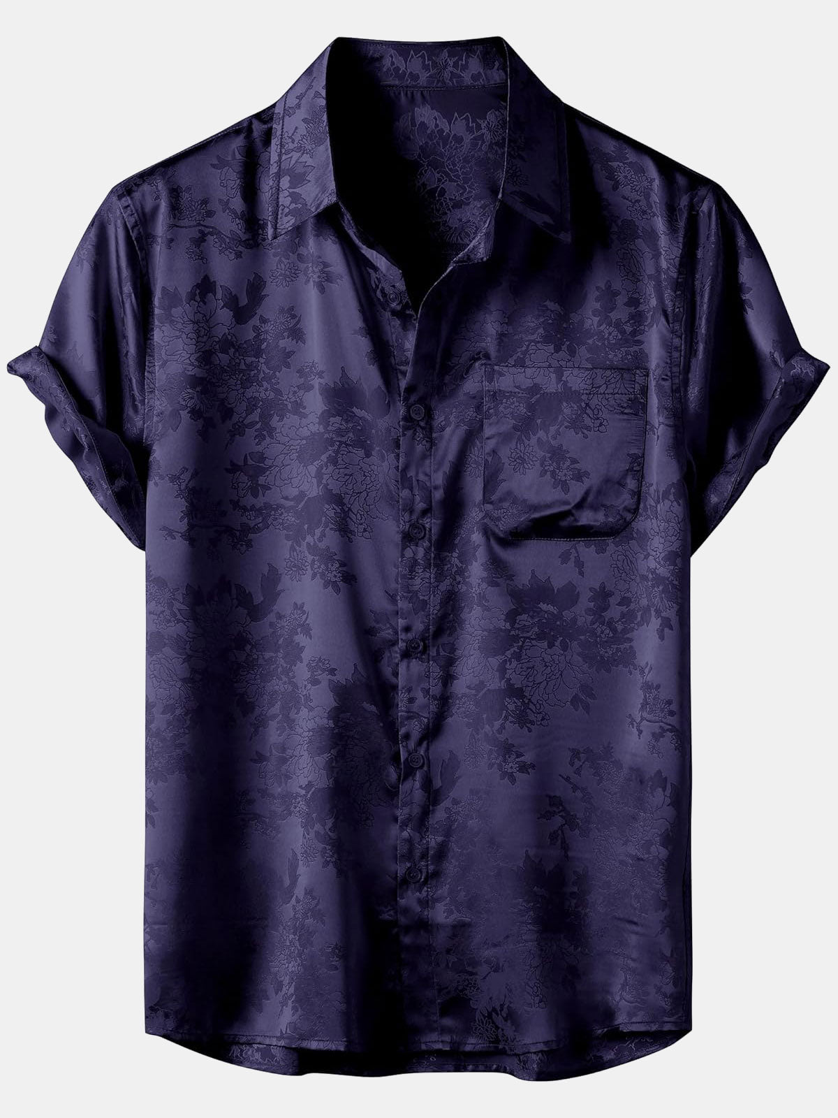 Men's Floral Jacquard Pocket Silk Satin Short Sleeve Shirt