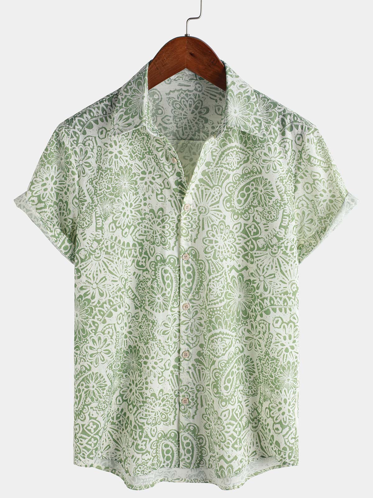 Men's Green Floral Short Sleeve Summer Button Up Shirt