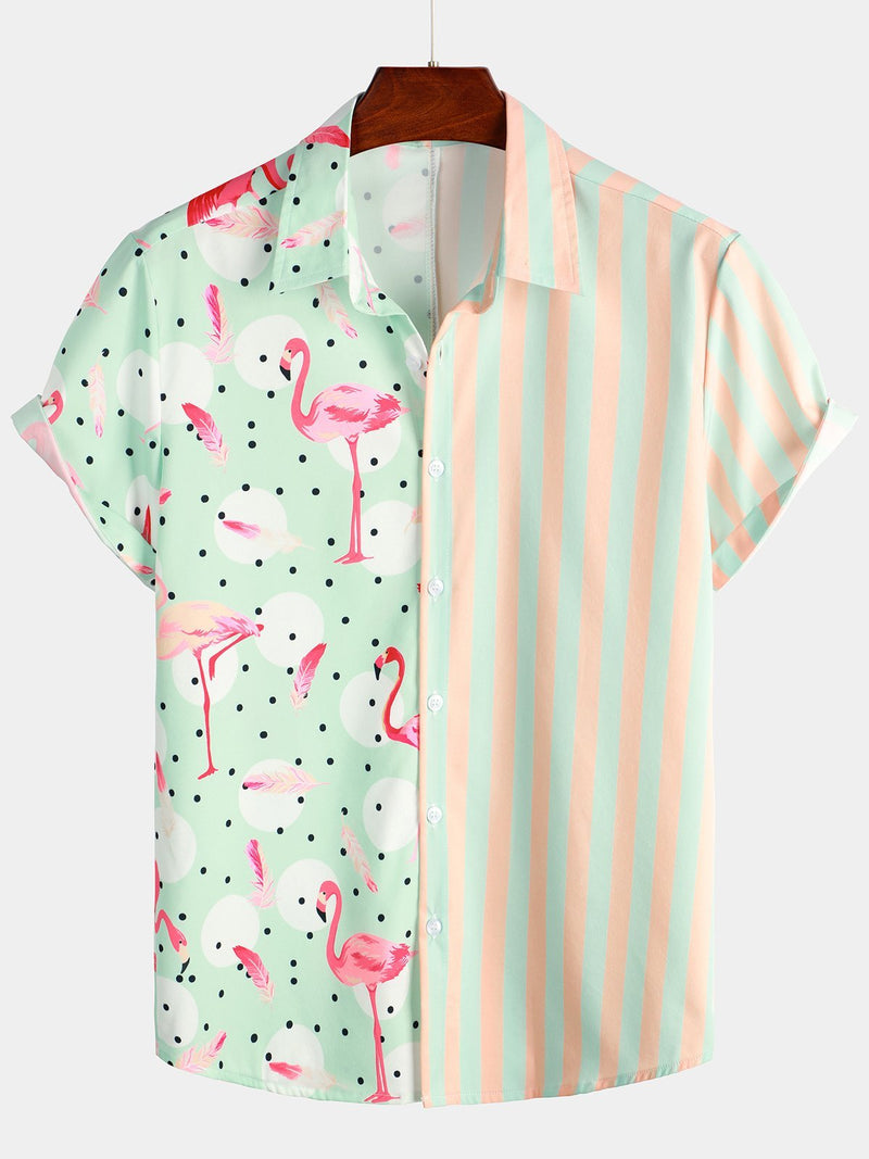 Men's Tropical Flamingo & Striped Print Holiday Short Sleeve Shirt