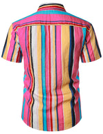 Men's Pink Rainbow Striped Button Up Summer Beach Short Sleeve Shirt