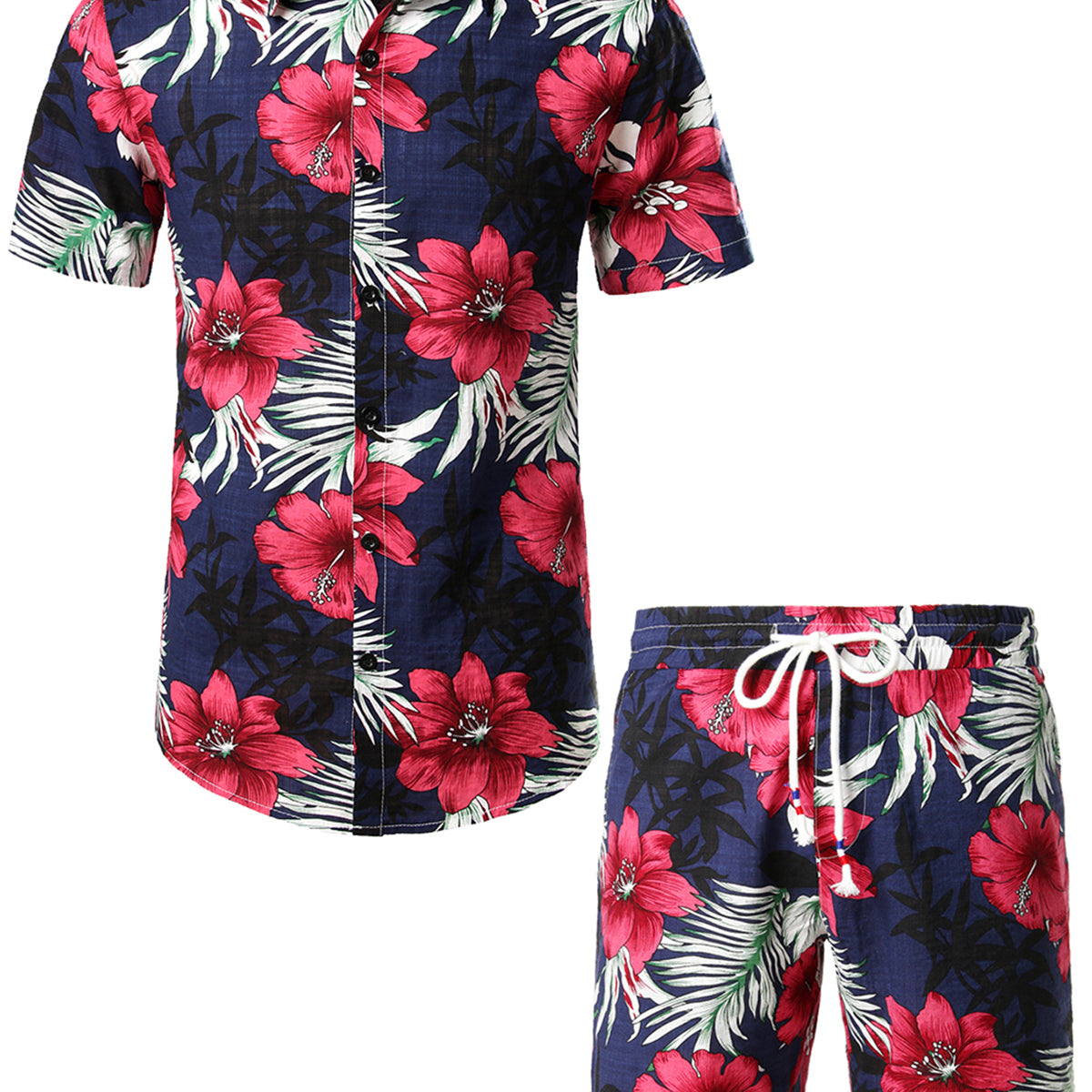 Men's Flower Tropical Hawaiian Floral Matching Shirt and Shorts Set