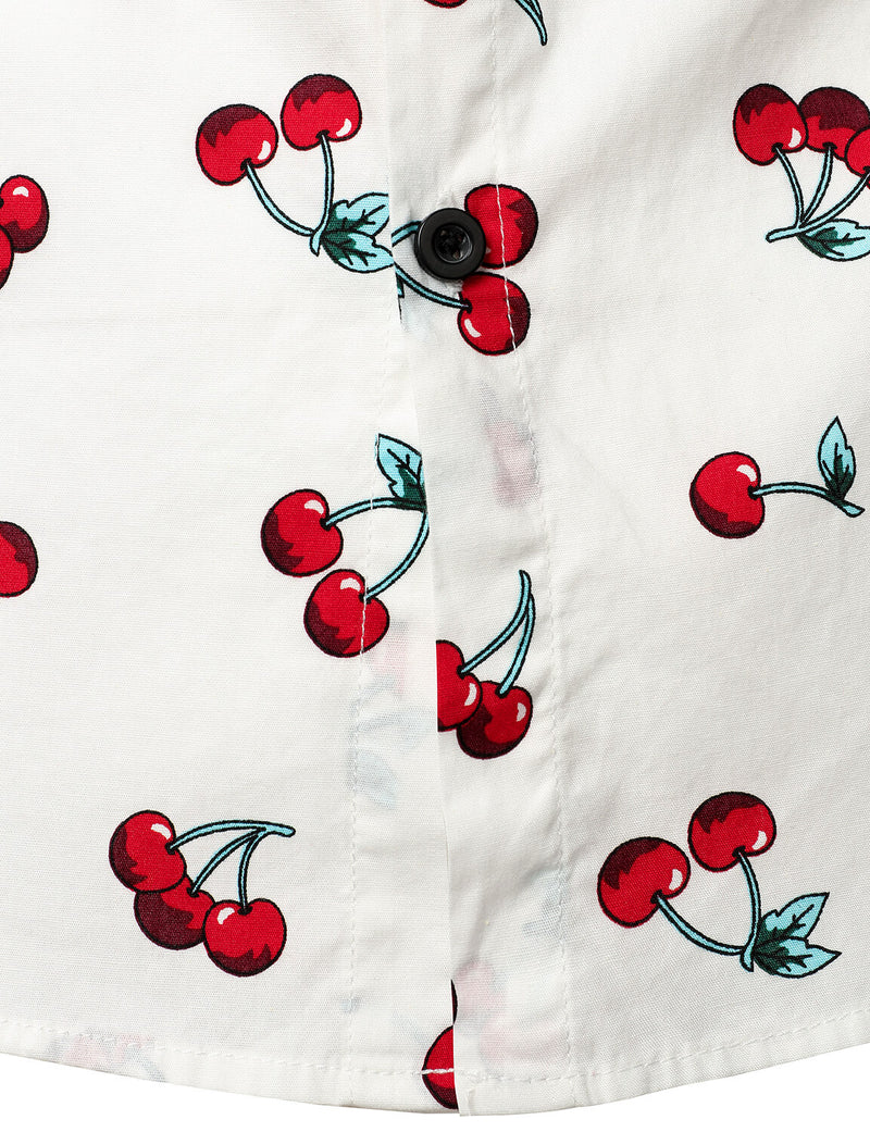 Men's Cherry Floral Print Button Up Cotton Tropical Fruit Summer White Hawaiian Shirt