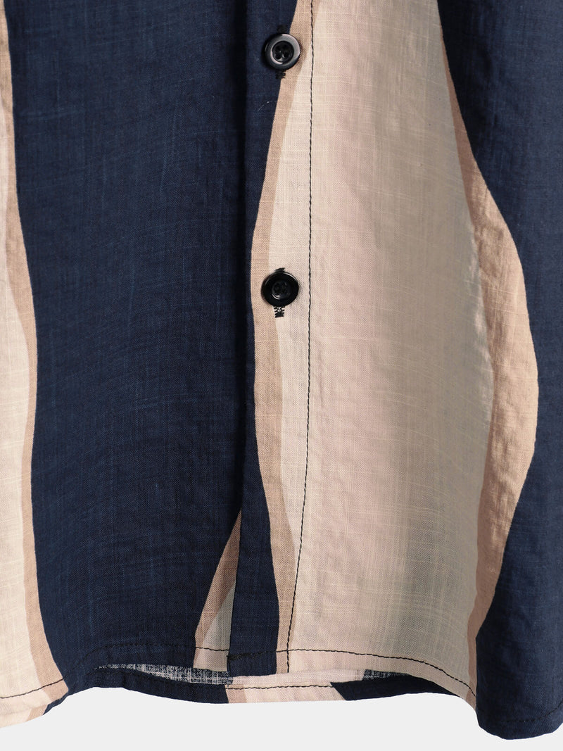 Men's Retro Casual Striped Summer Vacation Navy Blue Button Up Short Sleeve Shirt