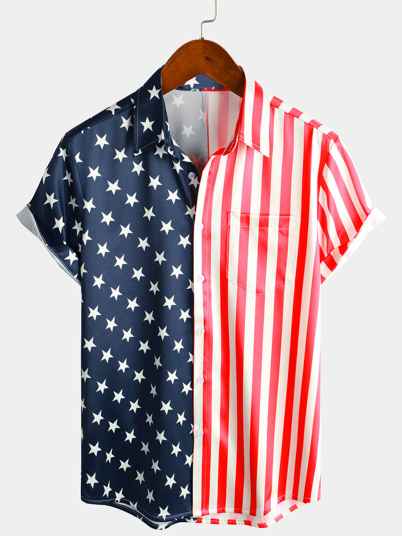 Men's Casual Holiday Striped Print American Flag USA Patriotic Button Short Sleeve Shirt