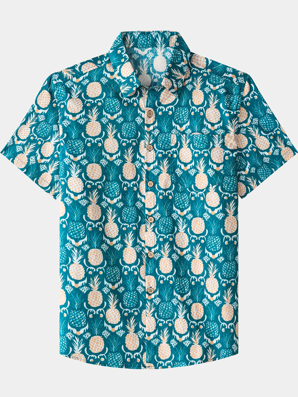 Men’s Tropical Resort Vacation Holiday Party Hawaiian Pineapple Cotton Short Sleeve Shirt