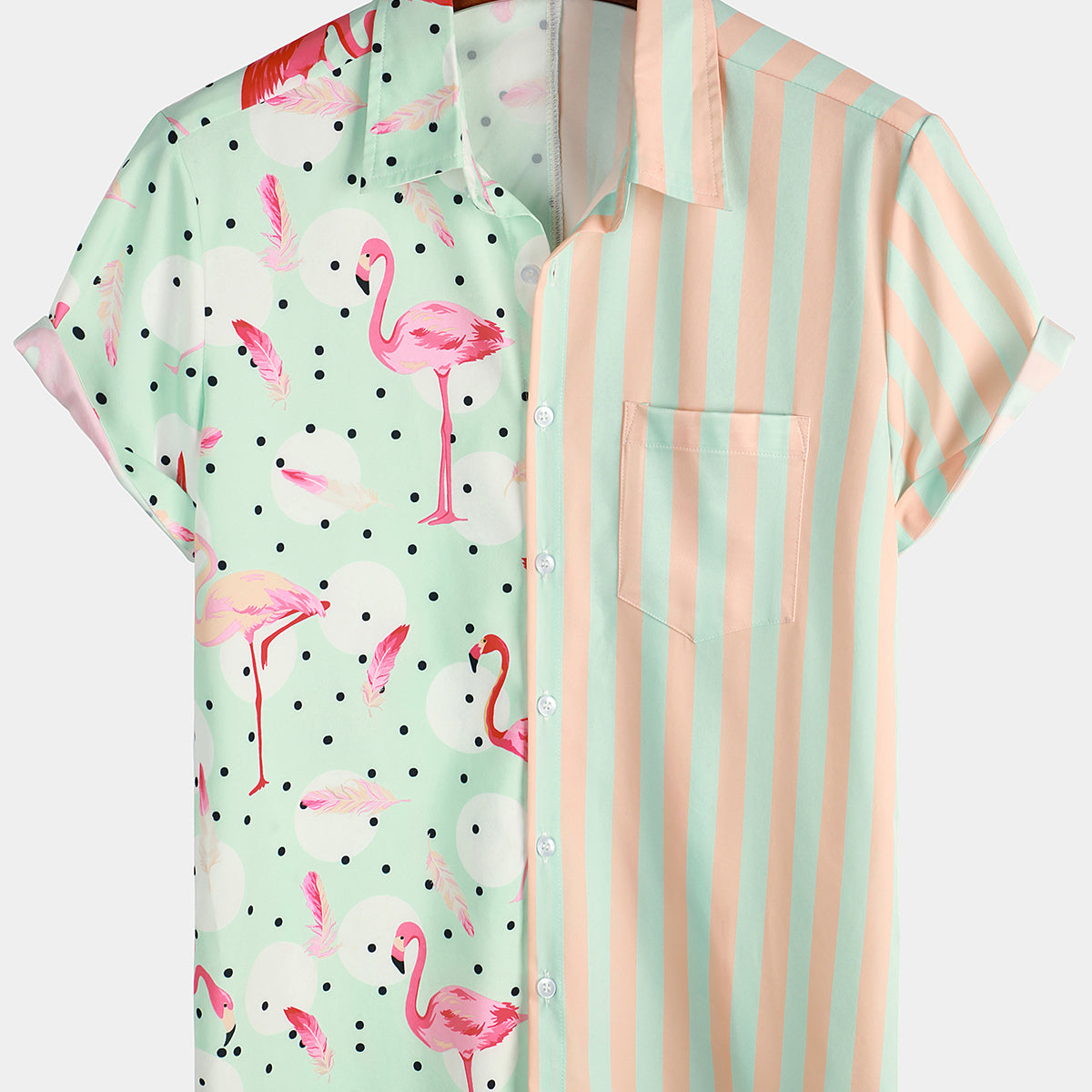 Men's Flamingo & Striped Print Holiday Short Sleeve Shirt