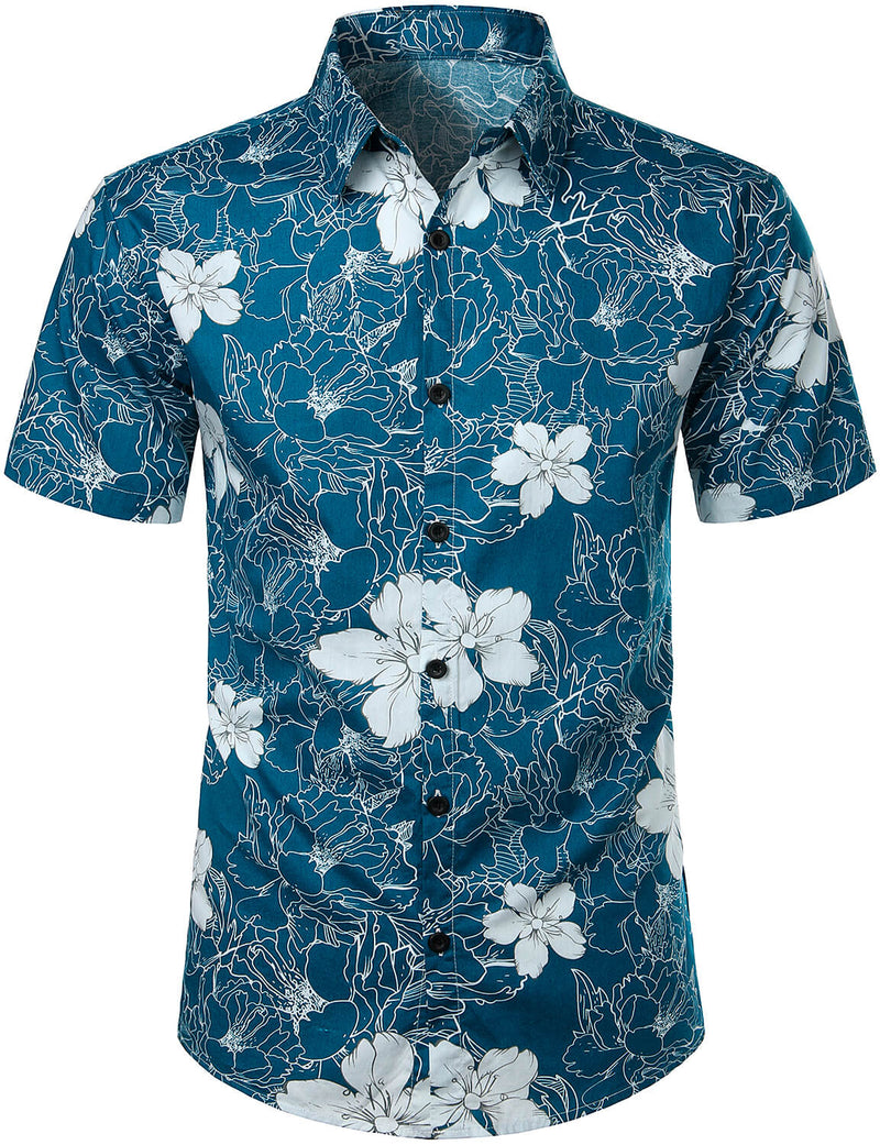 Men's Floral Blue Hawaiian Flower Print Beach Holiday Resort Tropical Button Up Short Sleeve Shirt