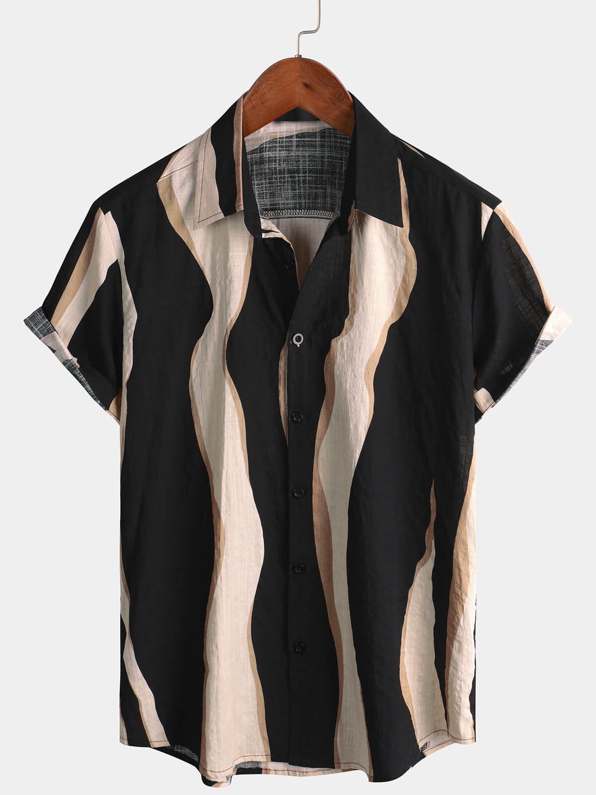 Men's Retro Casual Striped Summer Vacation Balck Button Up Short Sleeve Shirt