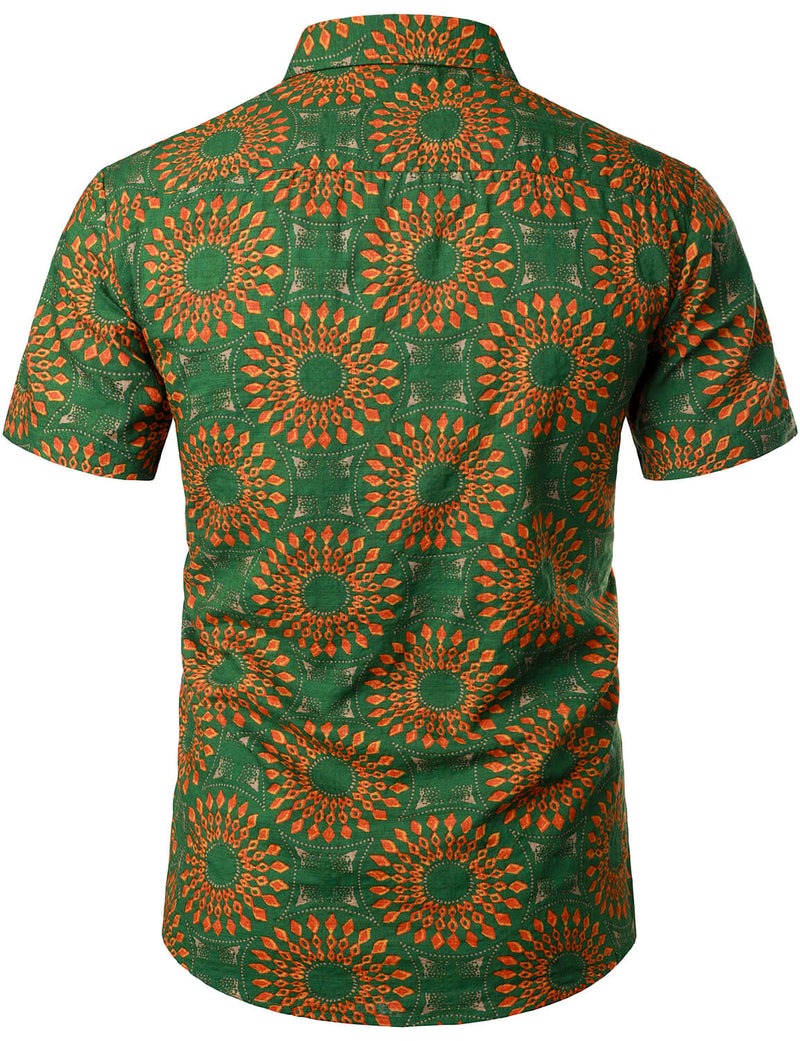 Men's Cotton Vintage 70s Floral Retro Button Up Green Summer Beach Bohemian Boho Short Sleeve Shirt