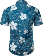 Men's Floral Blue Hawaiian Flower Print Beach Holiday Resort Tropical Button Up Short Sleeve Shirt