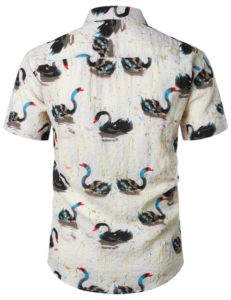Men's Cotton Black Swan Print Hawaiian Casual Summer Vacation Beach Holiday Short Sleeve Shirt