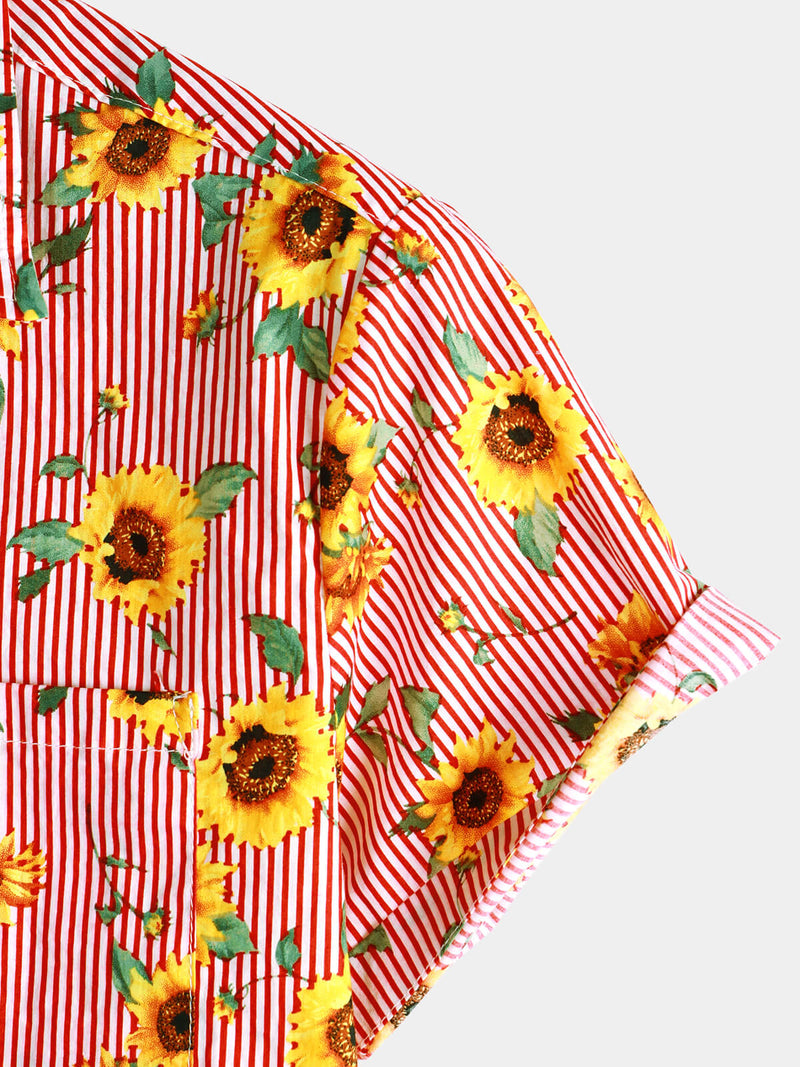 Men's Sunflower Floral Striped Flower Hawaiian Summer Holiday Short Sleeve Shirt