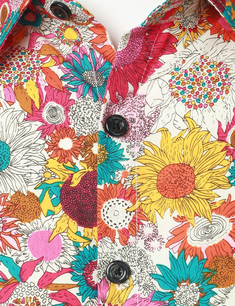 Men's Vintage Floral Print Cotton Flower Button Up 70s Long Sleeve Dress Shirt