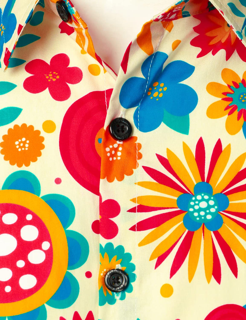 Men's Cotton Floral Print Button Breathable Flower Long Sleeve Shirt