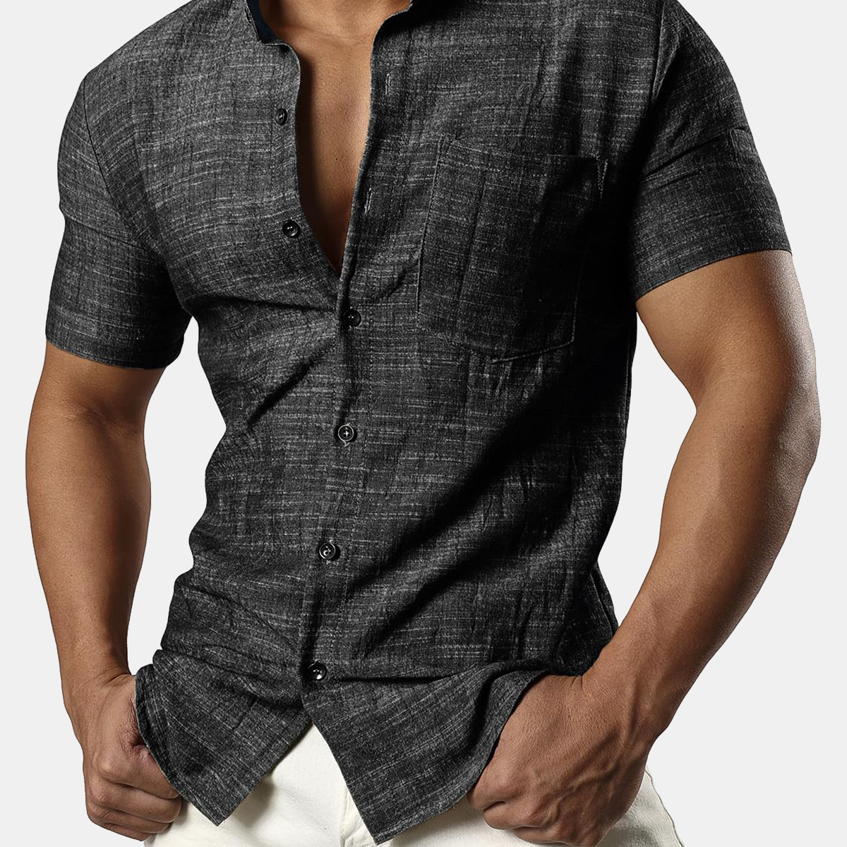 Men's Casual Cotton Linen Henley Pocket Short Sleeve Botton Hawaiian Beach Shirt