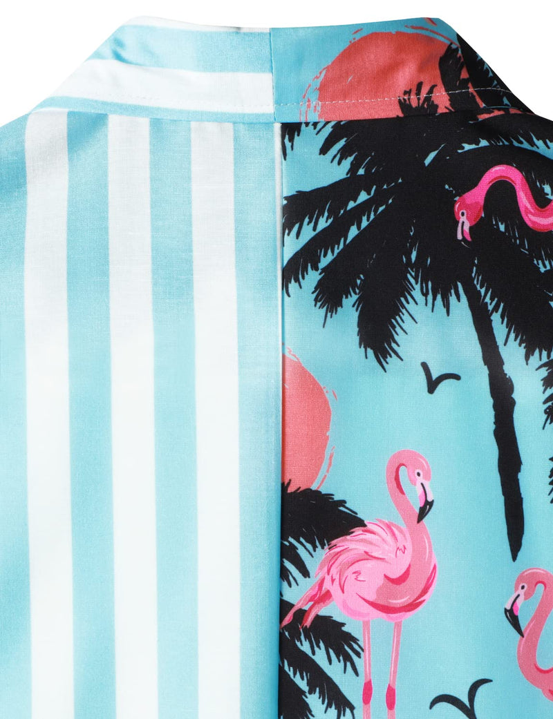 Men's Flamingo Blue and White Striped Tropical Print Summer Holiday Hawaiian Short Sleeve Shirt