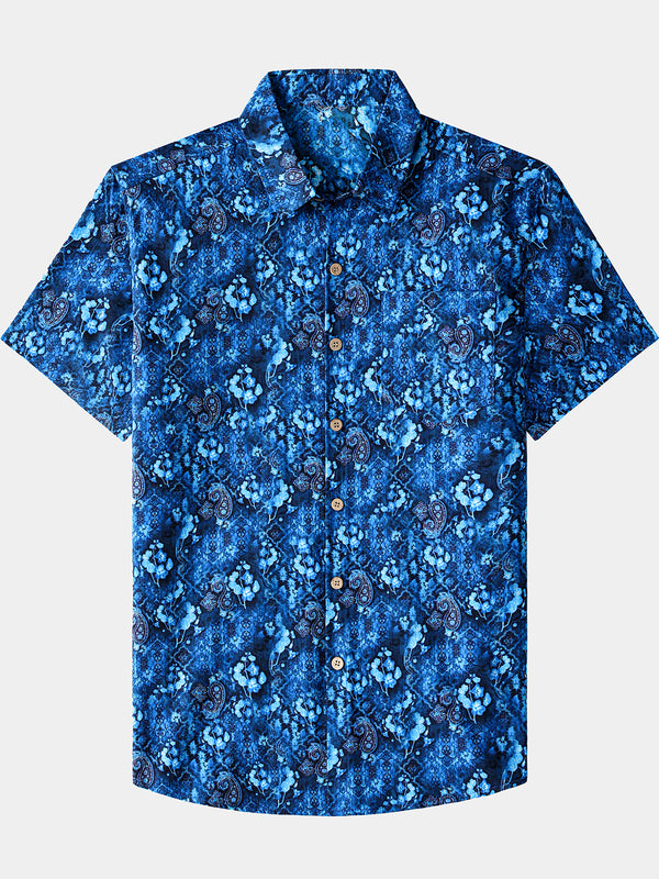 Men’s Retro Hawaiian Print Paisley Cotton Breathable Cool Resort Vacation Short Sleeve Shirt