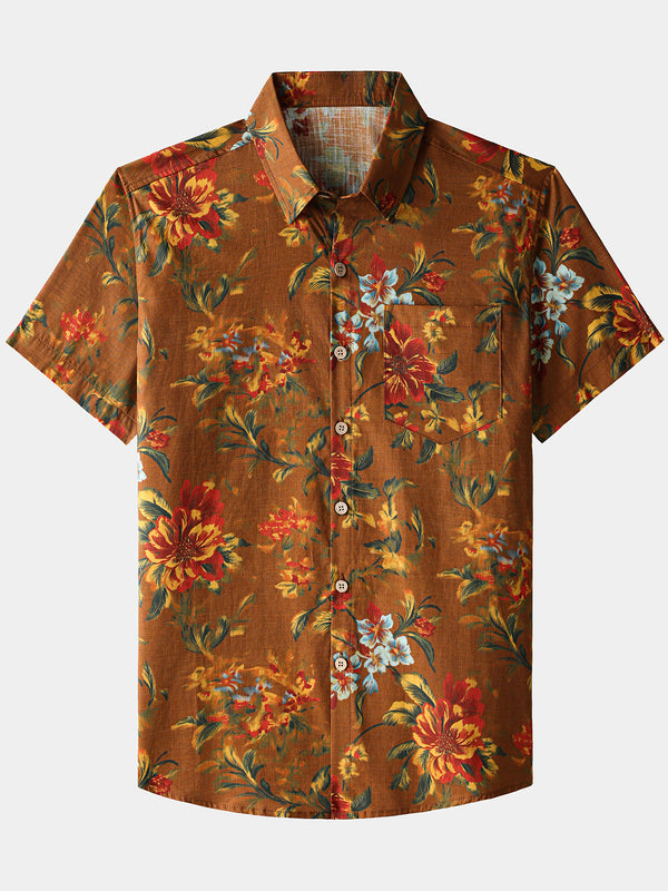 Men’s Vintage Flower Print Short Sleeve Button Down Breathable Cool Shirt