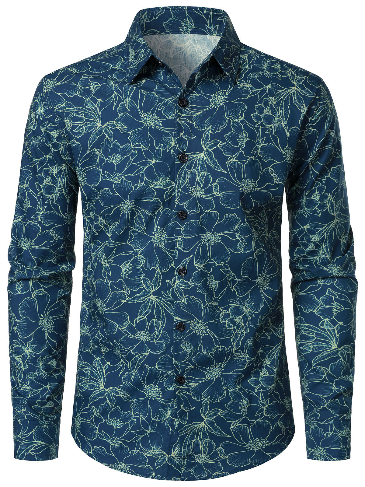 Men's Cotton Floral Blue Long Sleeve Shirt