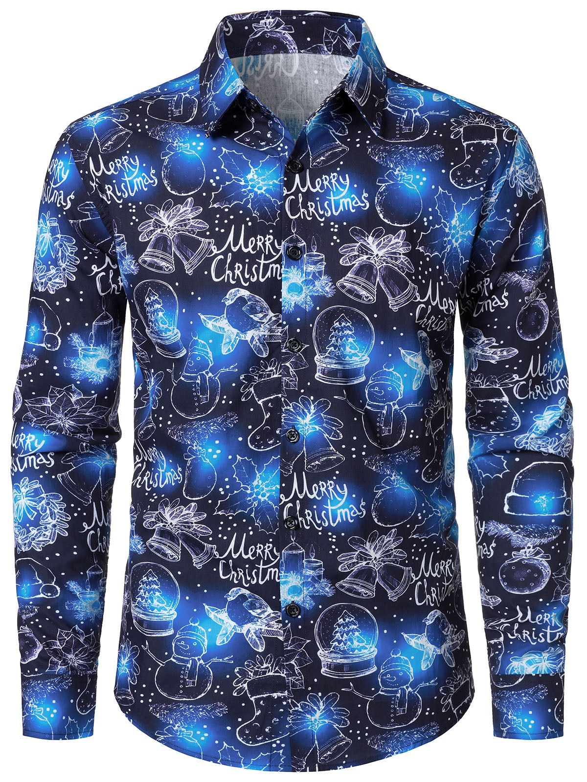 Men's Cotton Blue Christmas Long Sleeve Shirt