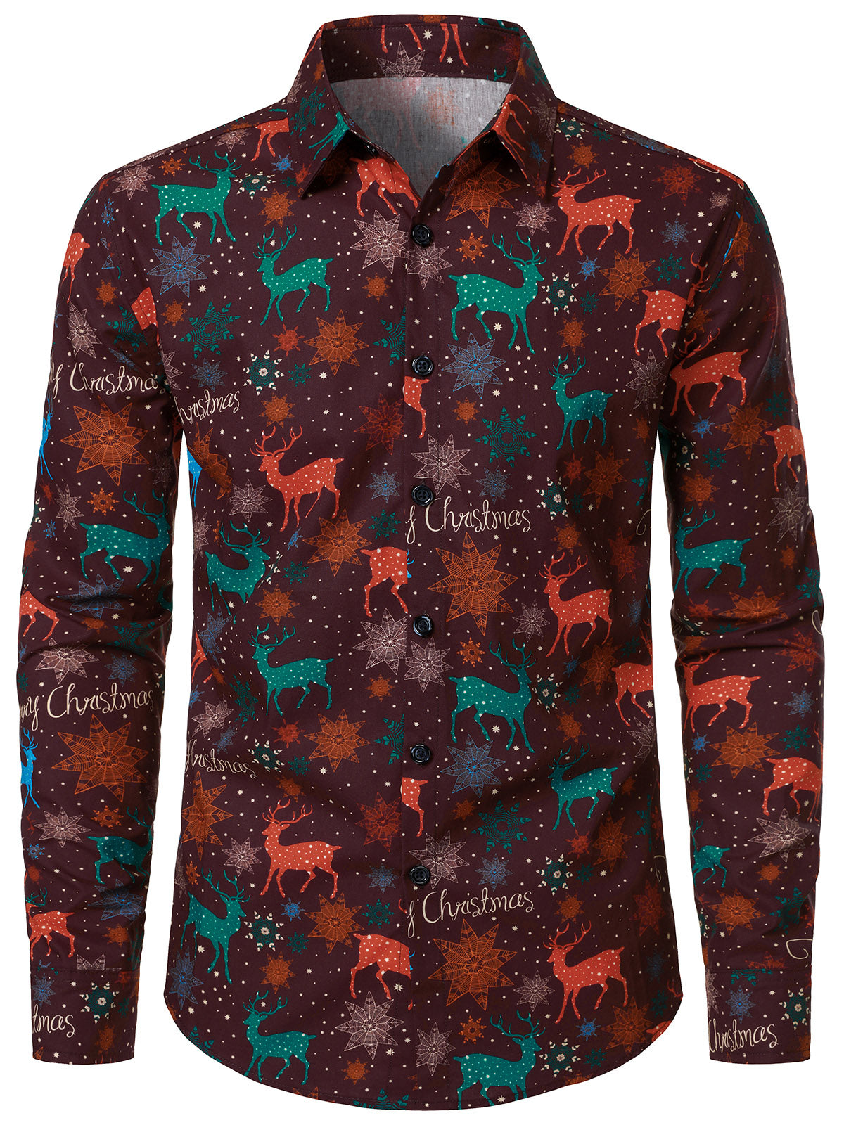 Men's Christmas Reindeer Long Sleeve Red Cotton Shirt