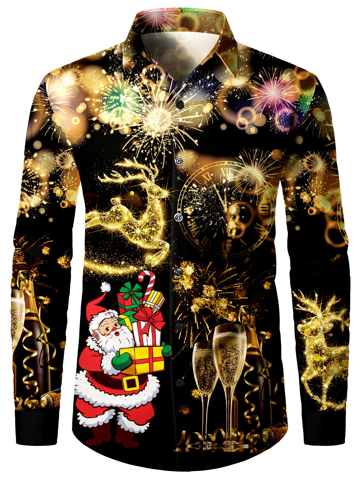 Men's Christmas Santa Print Xmas New Year Long Sleeve Holiday Shirt