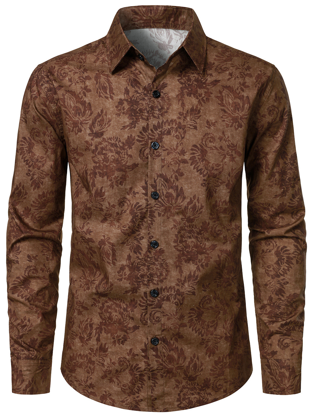 Men's Brown Retro Paisley Cotton Button Up Long Sleeve Shirt