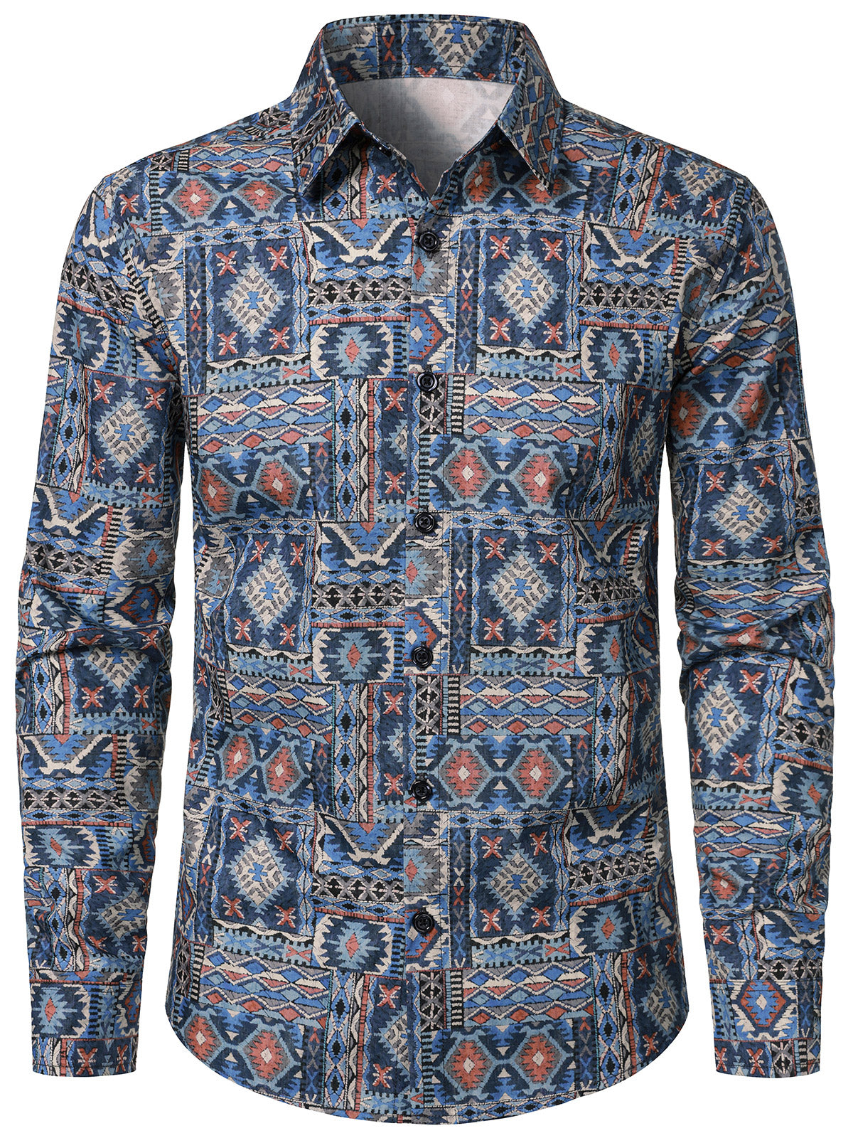 Men's Vintage Aztec Print Western 70s Retro Long Sleeve Shirt