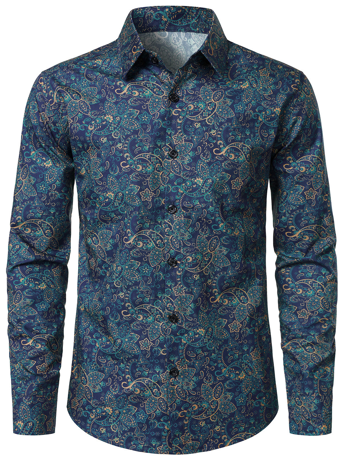 Men's Vintage Navy Blue Paisley Cotton Retro Long Sleeve Shirt