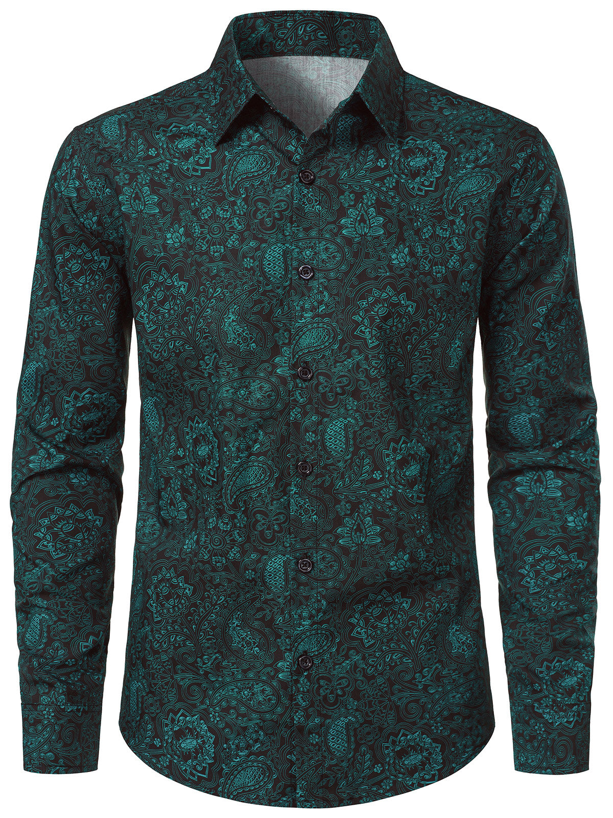 Men's Vintage Green Paisley Cotton Retro Long Sleeve Shirt