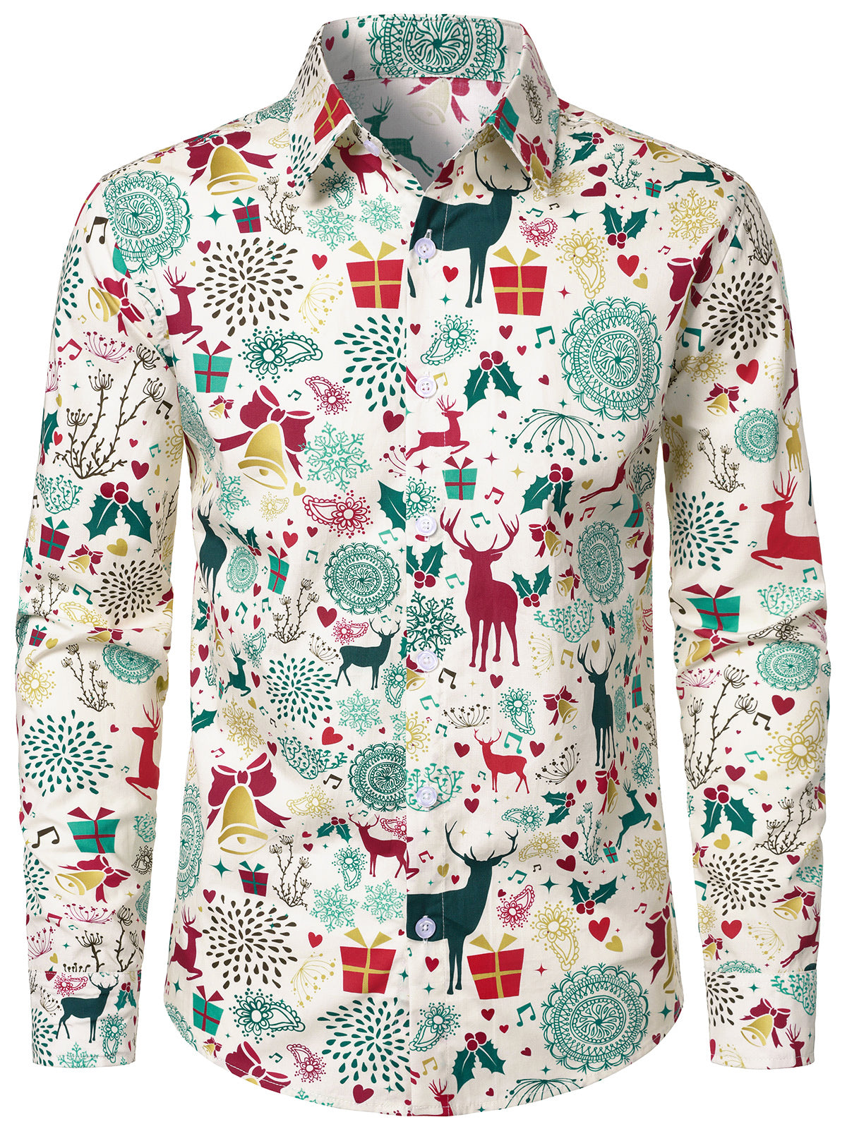 Men's Christmas Reindeer Print Long Sleeve Holiday Party Shirt