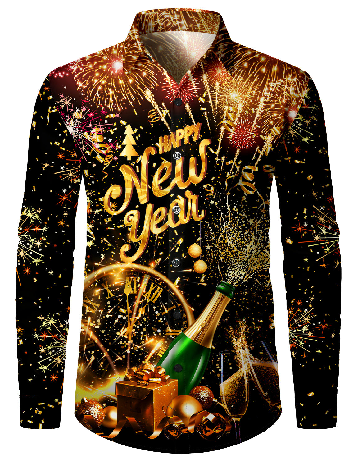 Men's Black Happy New Year Fireworks Champagne Long Sleeve Shirt