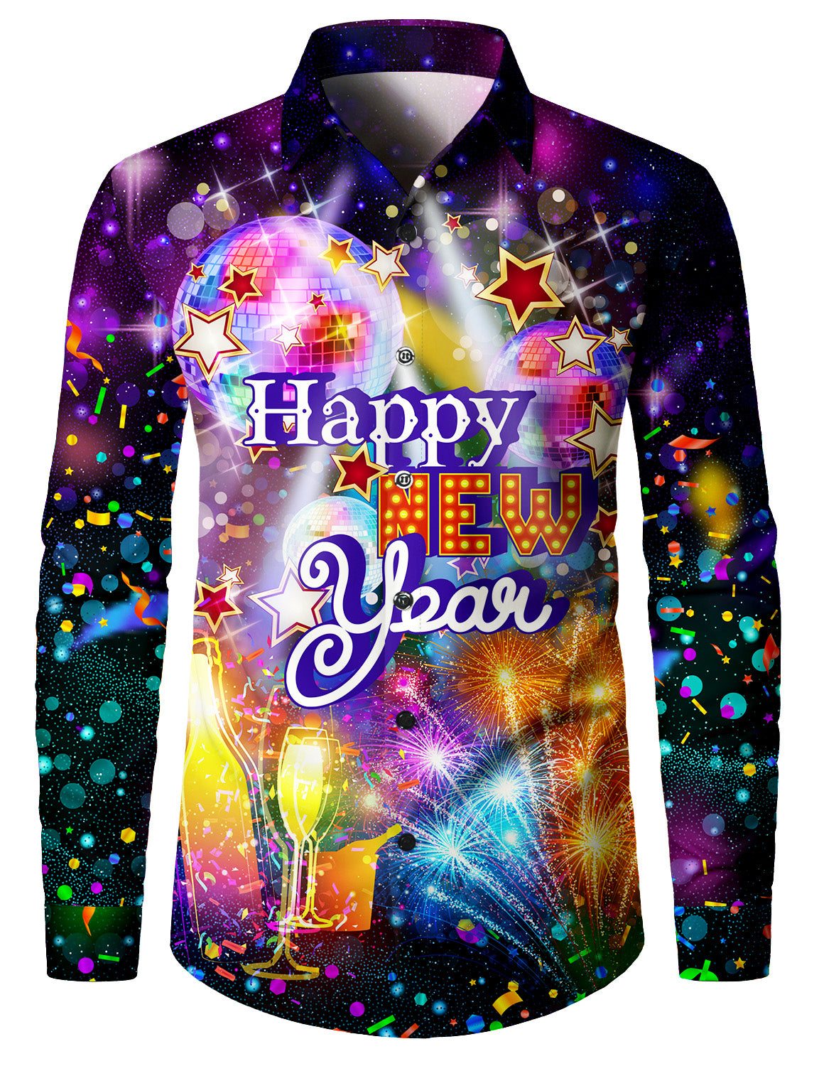 Men's Happy New Year Disco Ball Fireworks Long Sleeve Shirt