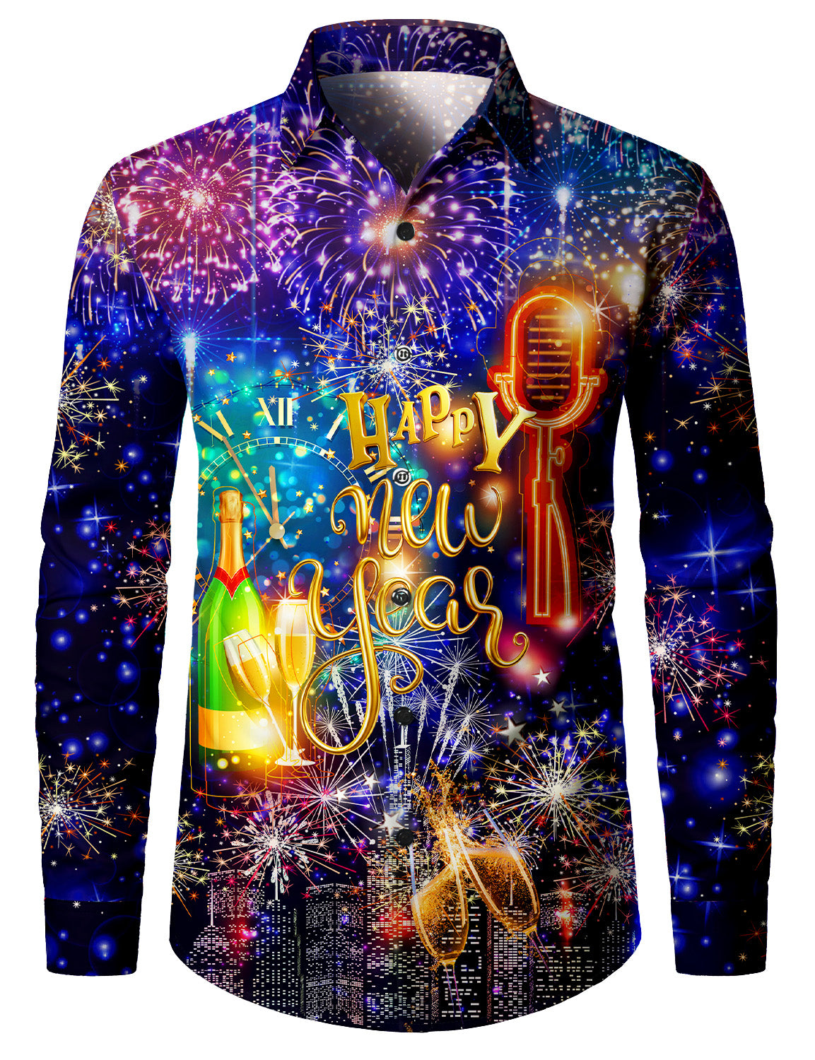 Men's New Year's Eve Holiday Party Champagne Fireworks Long Sleeve Shirt