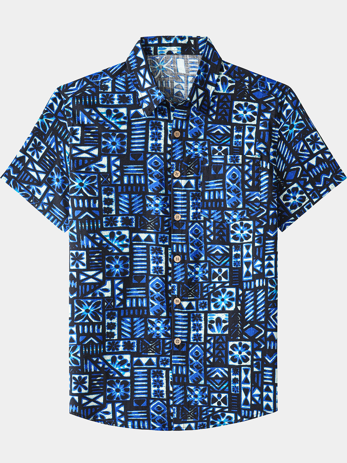 Men’s Summer Beach Blue Black Geometric Cotton Casual Breathable Short Sleeve Shirt