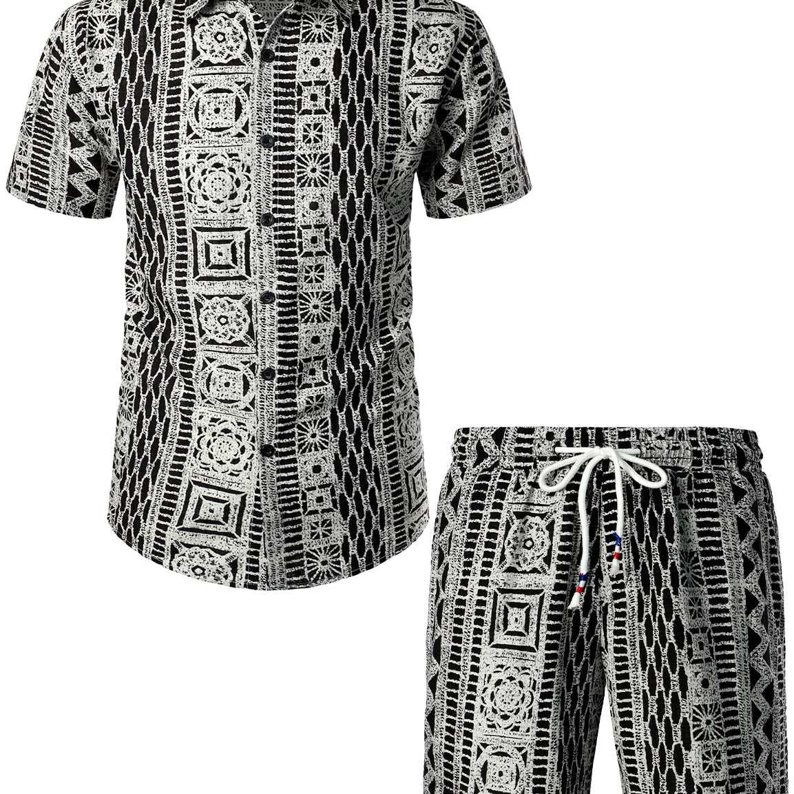 Men's Vintage Boho Short Sleeve Matching Shirt and Shorts Set