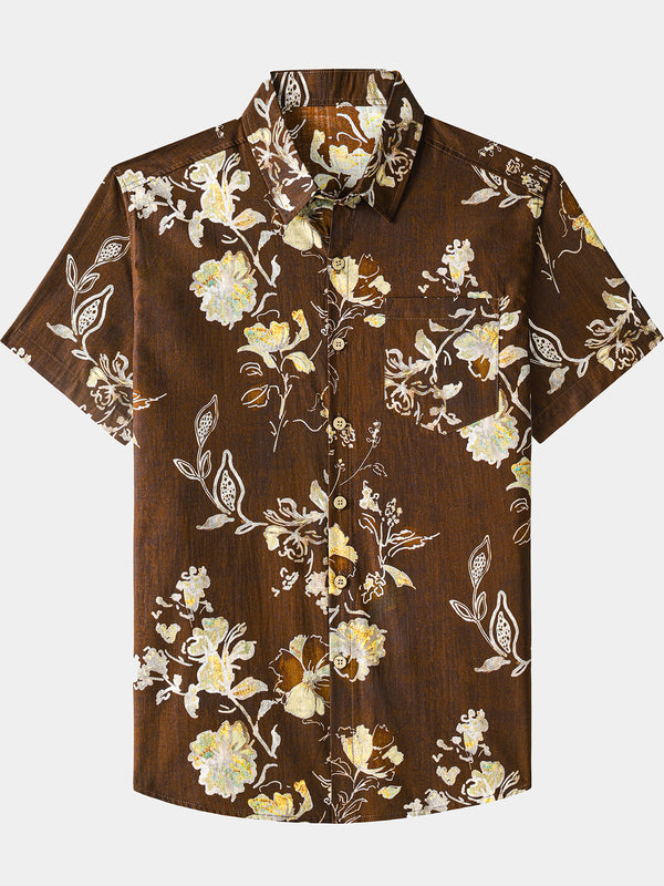 Men’s Short Sleeve Cotton Breathable Casual Vintage Outdoor Dinner Floral Shirt