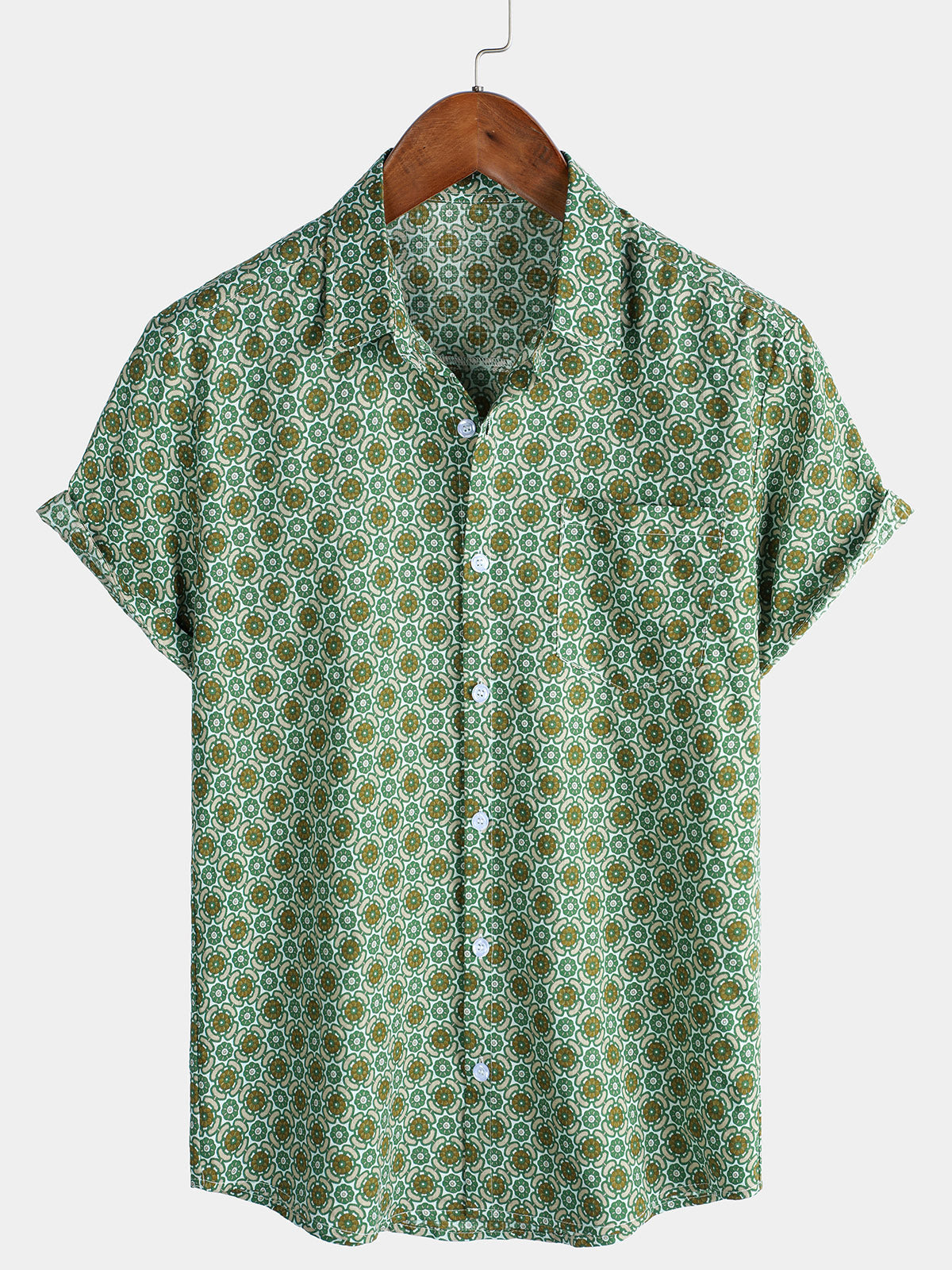 Men's Casual Green Floral Print Lightweight Cotton Short Sleeve Shirt